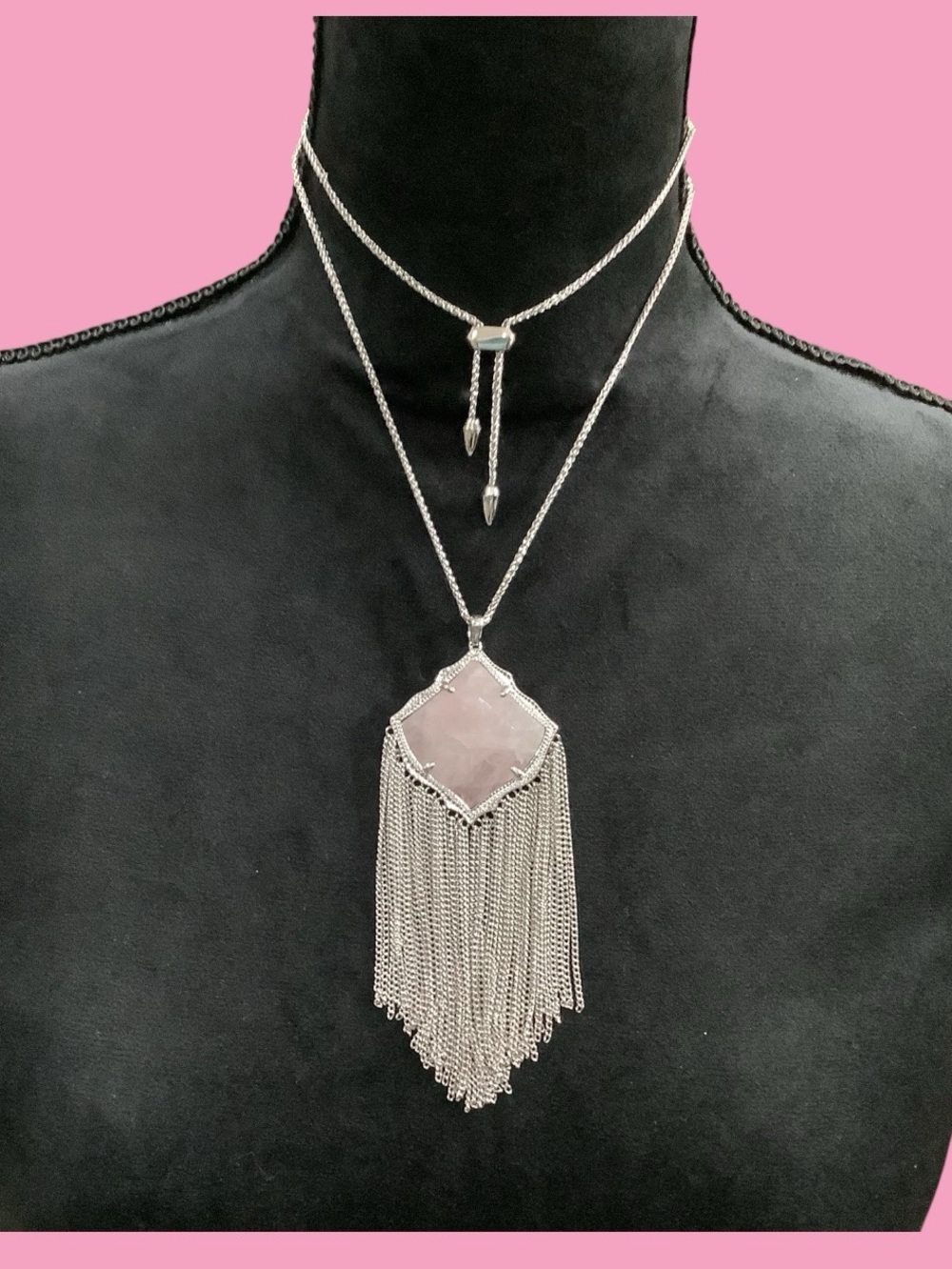 Kendra Scott Silver Fringe Necklace with Pale Pink Rose Quartz Pendant